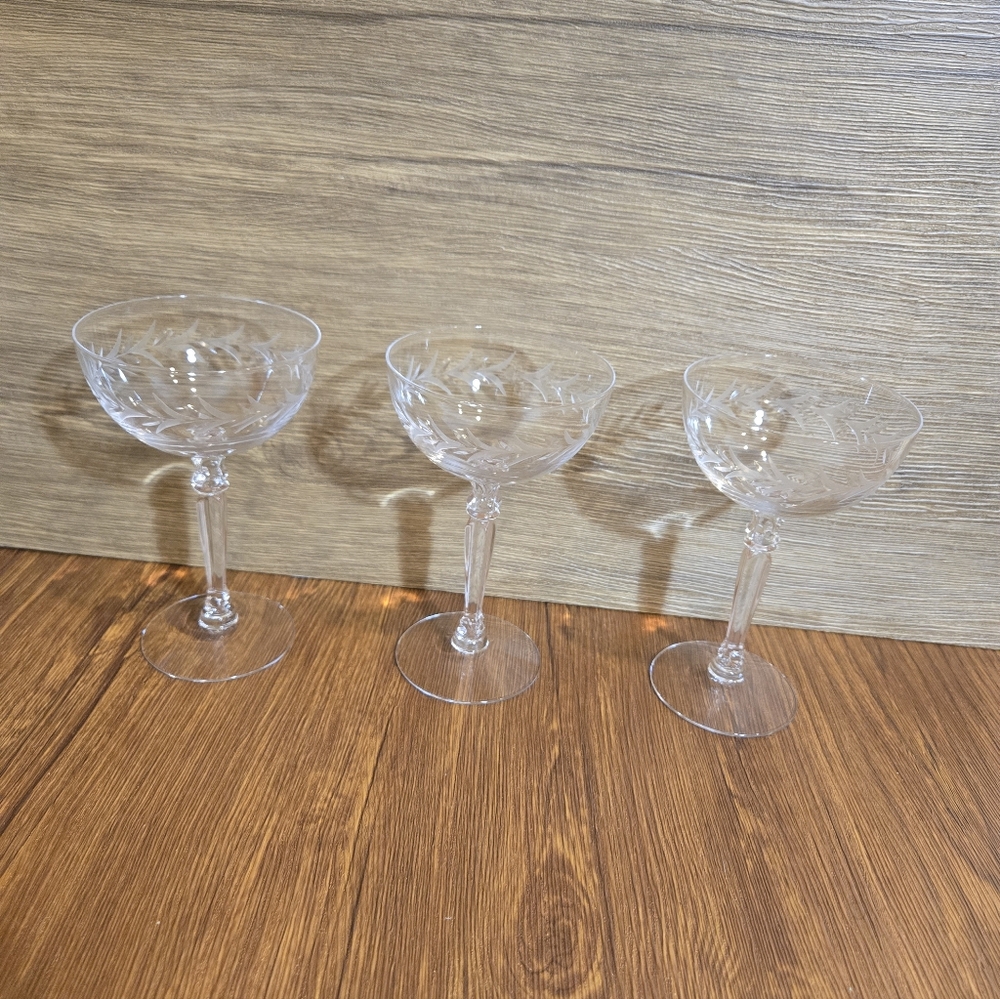 Vintage Fostoria Holly Clear Pattern Tall Champagne or Sherbet Glasses set of 3